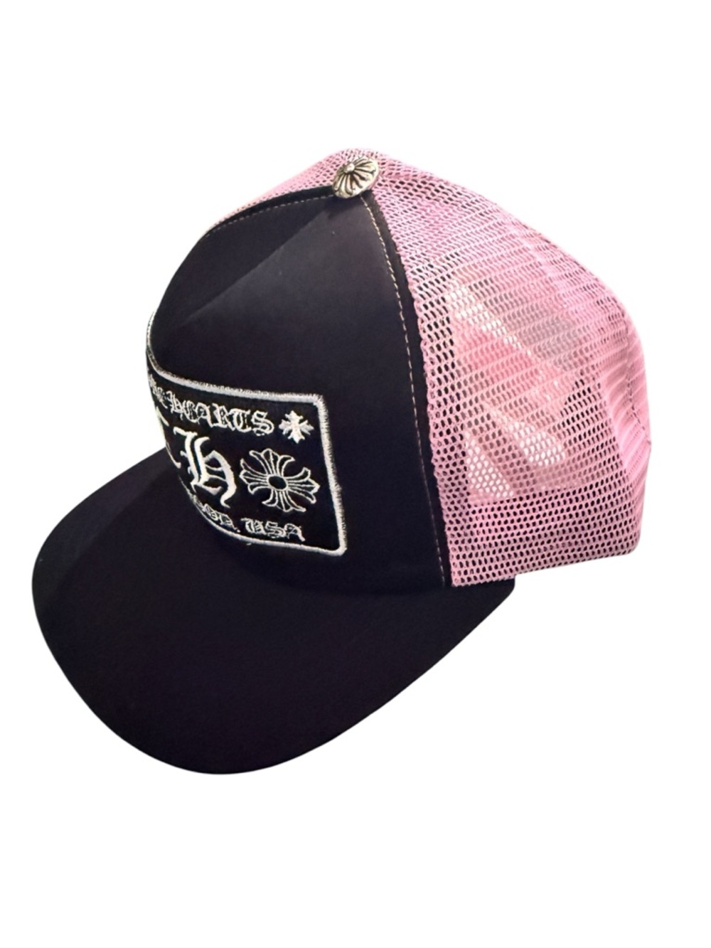 Black & Pink Mesh Cromados Hearts Trucker Hat with Embroidered Patch